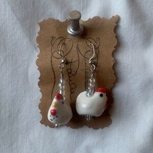 Charming Handmade Ceramic Dangle Chicken Earrings w/ Glass Beads